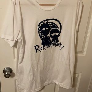 White with navy blue Rick and Morty logo